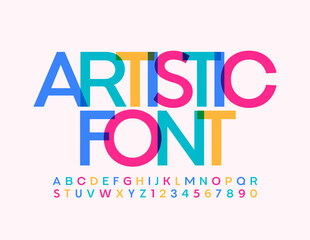 Vector Artistic Font. Creative colorful Alphabet. Bright decorative Letters and Numbers set
