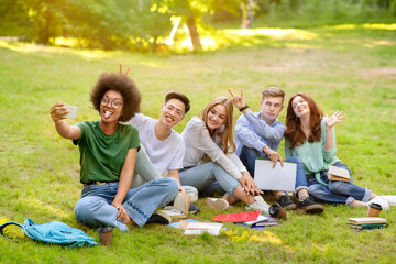 Fototapeta premium Selfie Fun. Group Of Multiracial Students Fooling While Taking Group Photo Outdoors