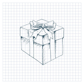 Gift Box with bow. Hand drawn picture in sketch style, isolated on checkered background. Vector illustration.