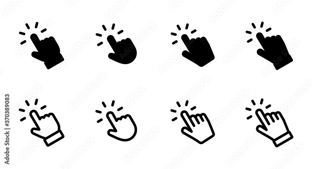Fototapete Set of Hand pointer symbol in trendy flat style. Computer mouse click cursor. Click cursor collection. Clicking finger. Hand pointer icon. Cursor