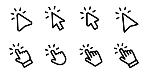 Set of Hand pointer symbol in trendy flat style. Computer mouse click cursor. Click cursor collection. Clicking finger. Hand pointer icon. Cursor - obrazy, fototapety, plakaty
