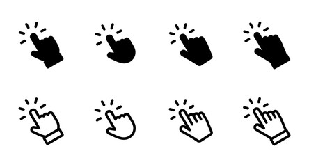 Naklejka premium Set of Hand pointer symbol in trendy flat style. Computer mouse click cursor. Click cursor collection. Clicking finger. Hand pointer icon. Cursor