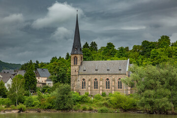 Fototapeta na wymiar A church along the Rhine River in wine country near Koblenz Germany