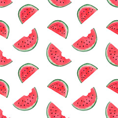 Seamless pattern with watermelon on white background. Watercolor illustration.