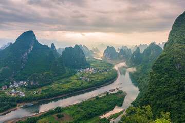 The beautiful lines of mountains and rivers, amazing light and shadow. Located near Guilin, Guangxi, China.