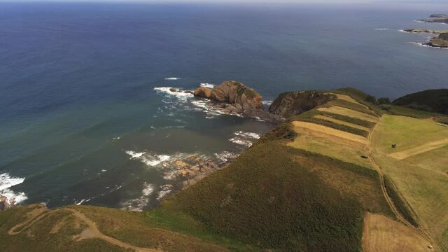 Coastal landcape in Cabo de Peñas. Asturias,Spain. Aerial Drone Footage