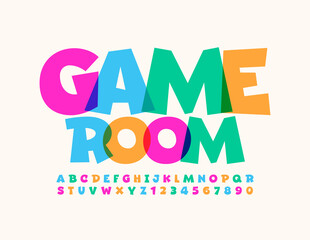 Vector playful sign Game Room. Cartoon colorful Font. Bright funny Alphabet Letters and Numbers