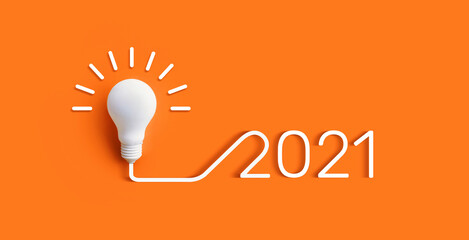 2021 Creativity and inspiration ideas concepts with lightbulb on pastel color background.