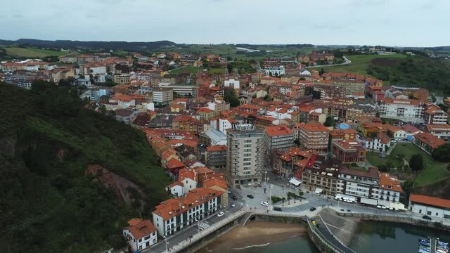 Candas, beautiful village in Asturias. Spain. Aerial Drone Footage