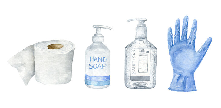 Quarantine set. Watercolor toilet paper, hand soap, sanitizer, blue gloves. Virus, pandemic. Hand drawn illustration
