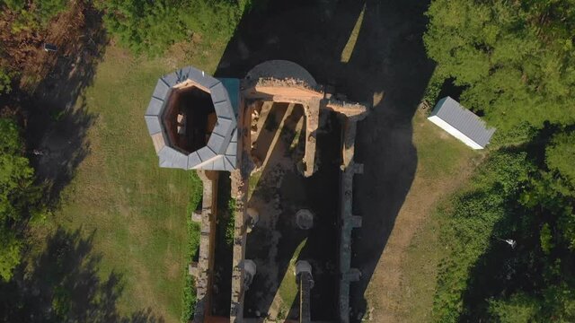 Top down aerial view over an old 13th-century church near Novi Becej, Serbia.
