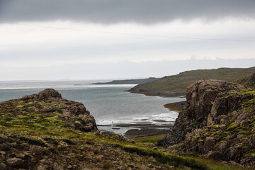 Fototapeta na wymiar Rocky coast and Atlantic ocean in cloudy weather, nature of Iceland