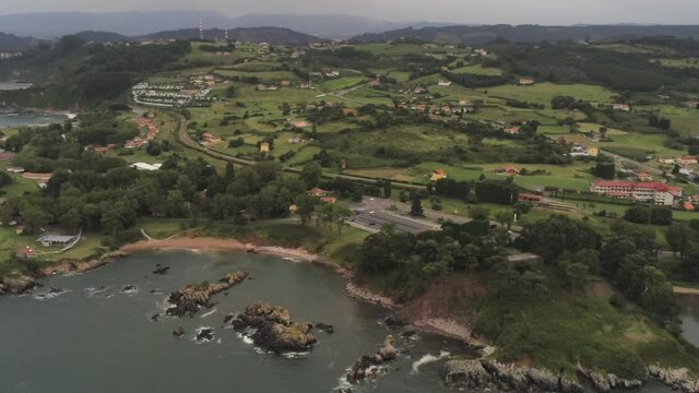 Beautiful landscape in coastal village of Candas in Asturias. Spain. Aerial Drone Footage