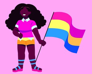 Pansexual black woman holding pansexuality pride flag on pink background. Pan and lgbt representation