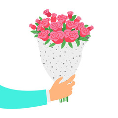Man holds a bouquet of roses.