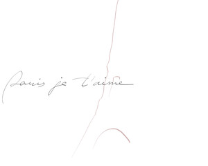 Paris I love you in french. Handwritten phrase, hand drawn silhouette of Eiffel tower. Vector