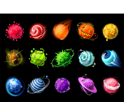 Cartoon planets. Space fantasy color asteroids, meteors, ice comets, lava and gas planets. Vector set illustration of isolated imaginary detailed astronomy objects on dark background