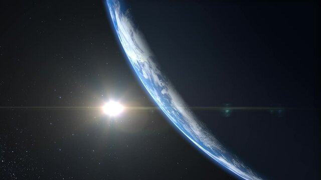 Sunrise over the Earth. View from space. The earth rotates. The camera flies towards the Earth. Realistic atmosphere. Volumetric clouds. Starry sky. 4K. 3d rendering. Stars twinkle.