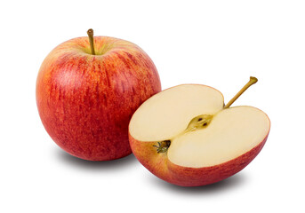 Whole and half red yellow apple with green leaf isolated on a white background. Clipping path included.