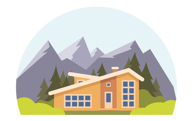 Mountain landscape with big house for tourists. Summer vacation in the mountains, house rentals. Chalet, wooden house, Eco house. Vector flat illustration.