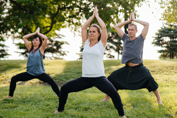 A group of people do yoga in the Park at sunset. Healthy lifestyle, meditation and Wellness