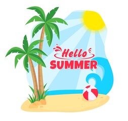 Fototapeta na wymiar Hello, Summer! Print with summer elements, palm trees, ball, beach, sun, sea, sand. Modern concept of a summer beach.