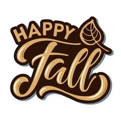 Sticker Happy Fall. Autumn hand written lettering with falling leaf on white background. Vector calligraphy illustration. Fall, autumn and Thanksgiving Design element for poster, card, badge, print