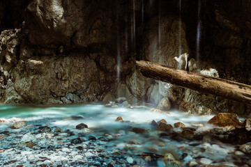 Long exposure of water falling in via ferrata Hvadnik near Kranjska Gora, Slovenia