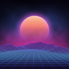 Futuristic retro landscape of the 80`s. Vector futuristic illustration of sun with mountains in retro style. Digital Retro Cyber Surface. Suitable for design in the style of the 1980`s.