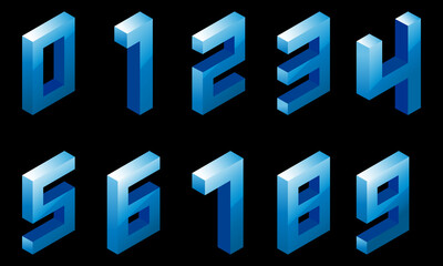 Set of gradient blue numbers in isometric style. Isolated on black background. Water texture