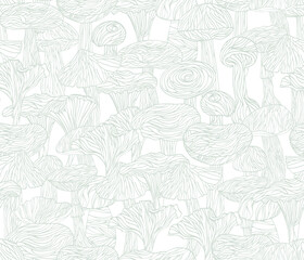 Lineart mushrooms seamless pattern, fungi graphic background, vector - 370399246