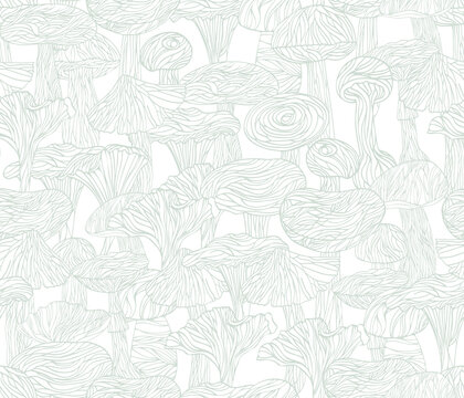 Lineart mushrooms seamless pattern, fungi graphic background, vector
