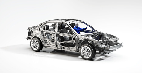 Sectional view of a car with driver, car components, chassis, chassis, car frame, 3d rendering, 3d illustration