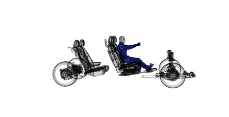 Obraz premium Uniformed driver drives an imaginary car without car frame, without chassis, car components, 3d rendering, 3d illustration