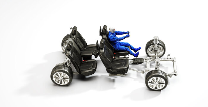 Uniformed driver drives an imaginary car without car frame, without chassis, car components, 3d rendering, 3d illustration