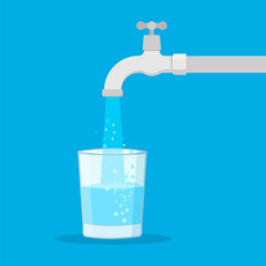 Water tap with glass. Filling cup beverage. Vector illustration. - obrazy, fototapety, plakaty