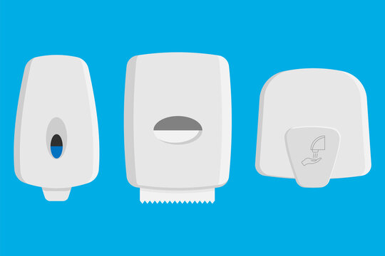 Set of dispensers paper towel, dispensers soap and hand dryer. Vector illustration.