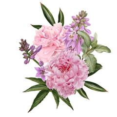 Pink peonies, hosta flowers and siverberry branch