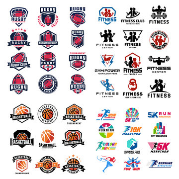 set of fitness, Rugby, Basketball, Running, badges with sport equipment and people. Labels in vintage style with sport modern symbols. American Logo Sports