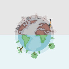 Naklejka premium Vector design of earth divided into polluted and green