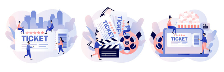 Movie tickets online sale. Tiny people buy tickets on the internet. Online cinema. Mobile movie theater. Cinematography. Modern flat cartoon style. Vector illustration on white background