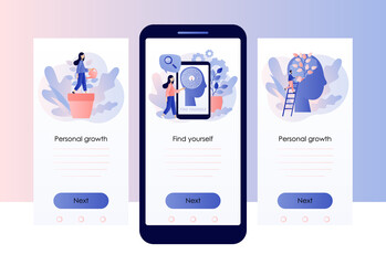 Personal growth concept. Tiny people that self-improvement, self development, professional growth. Screen template for mobile smart phone. Modern flat cartoon style. Vector illustration