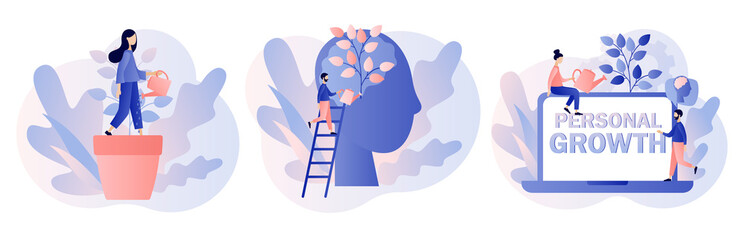 Personal growth concept. Metaphor growth personality as plant. Tiny people that self-improvement, self development, professional growth. Modern flat cartoon style. Vector illustration 
