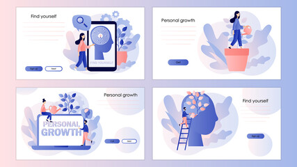 Personal growth, self-improvement, self development. Screen template for mobile smart phone, landing page, template, ui, web, mobile app, poster, banner, flyer. Modern flat cartoon style. Vector