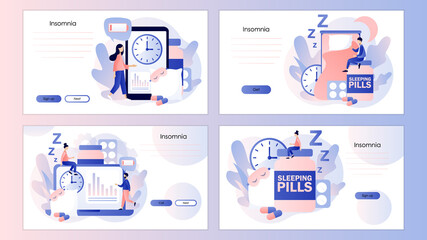 Fototapeta na wymiar Tiny people suffers from insomnia. Sleep control. Screen template for mobile smart phone, landing page, template, ui, web, mobile app, poster, banner, flyer. Modern flat cartoon style. Vector 