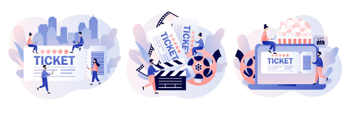 Movie Tickets Online Sale. Tiny People Buy Tickets On The Internet. Online Cinema. Mobile Movie Theater. Cinematography. Modern Flat Cartoon Style. Vector Illustration On White Background