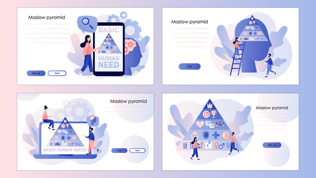 Basic human needs. Maslow hierarchy pyramid. Screen template for mobile smart phone, landing page, template, ui, web, mobile app, poster, banner, flyer. Modern flat cartoon style. Vector illustration 