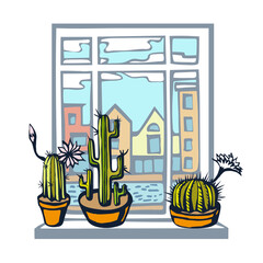 Hand drawn vector flat windows with landscape and cactus. Hand drawn ink illustration. Modern ornamental decorative background. Vector pattern. Print for textile, cloth, wallpaper, scrapbooking