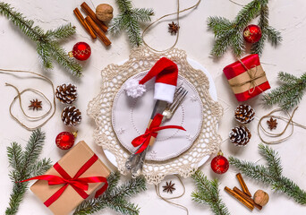 Christmas table setting, menu concept composition, decorated with pine tree branches, spices....