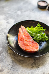 salmon raw fillet steak natural product ingredient organic eating healthy. top view place for text copy space keto or paleo diet raw second course pescetarian